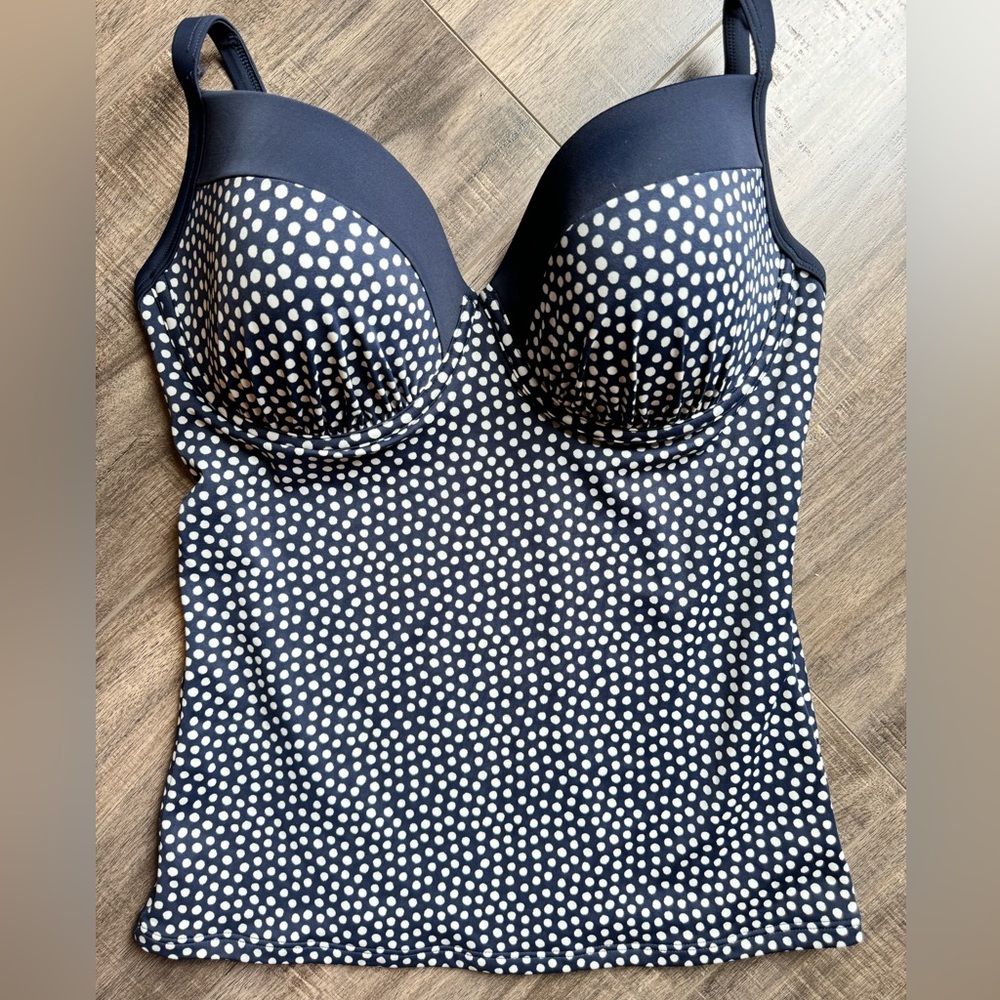 NEW Biden tankini top- underwire-34E- molded cups-navy polka dot